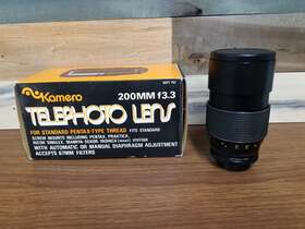 772460 Kamero Vtg 200mm F/3.3 Film Camera Lens With Caps Made In Japan #772460 Box