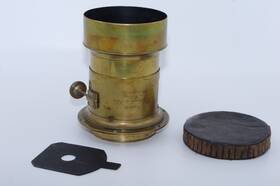 1861 Voigtl Nder 1861. Vintage Voigtlander 8 Inch F2.6 Brass Petzval Type Lens. Circa Hood. Flange