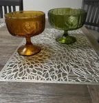 Vtg 1975 Green And 1978 Amber Ftd Pedestal Compote Oak Leaf Textured Bowls GG135. Fixed Price $16.95.